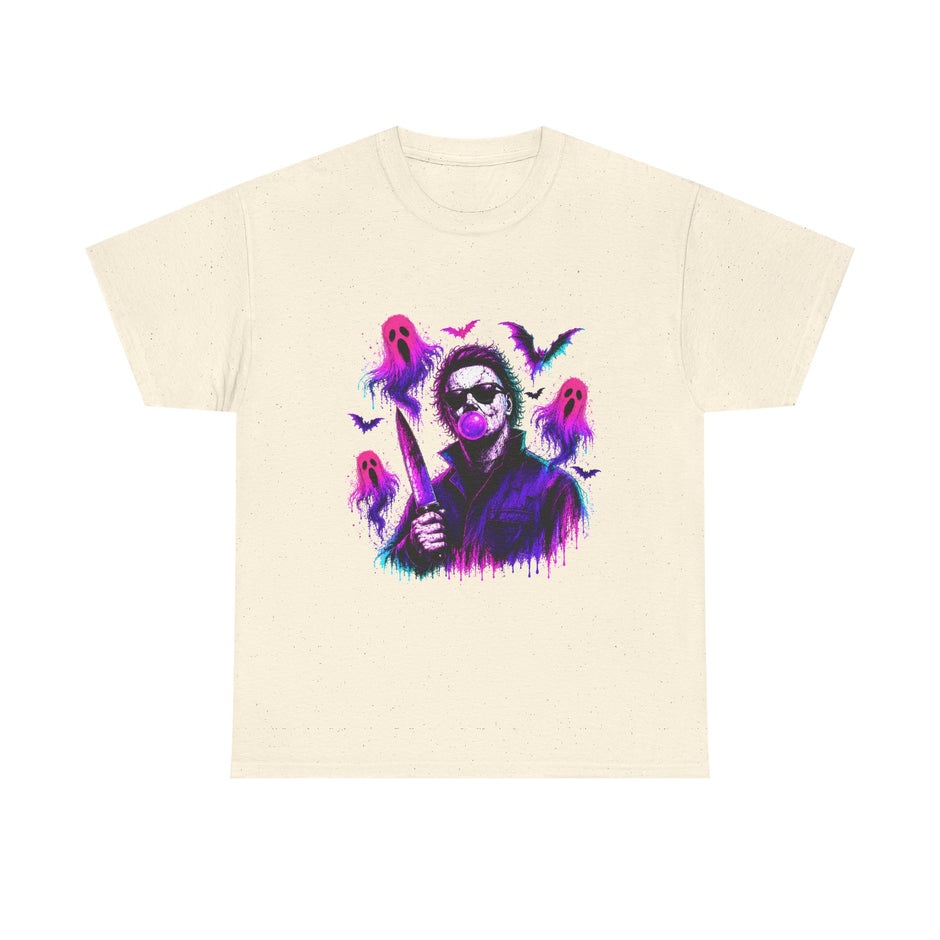 Horror Retro Tee — Neon Michael Myers Design with Ghosts & Bats
