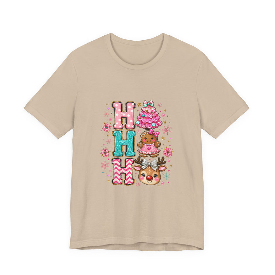 Ho Ho Ho Cute Christmas Tee — Pink Tree, Gingerbread & Reindeer Holiday Shirt