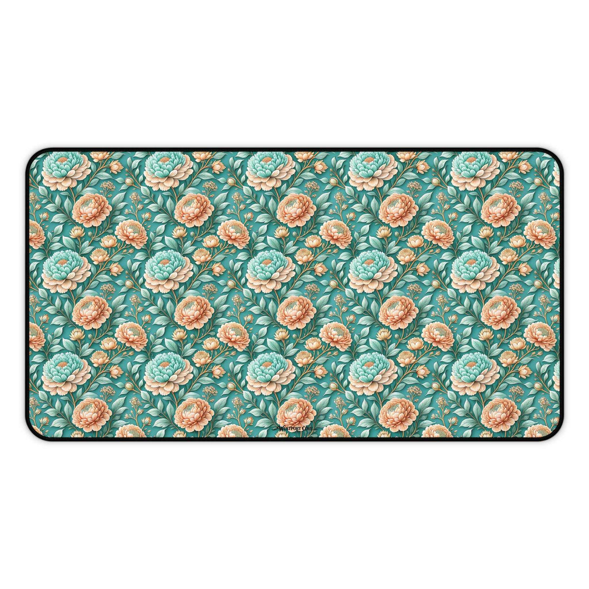Teal Peony Desk Mat — Vintage Garden Mouse Pad Surface