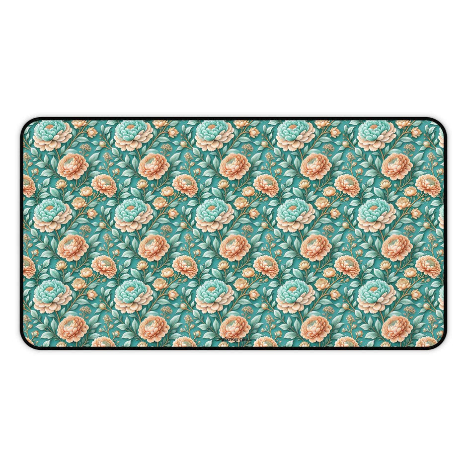 Teal Peony Desk Mat — Vintage Garden Mouse Pad Surface