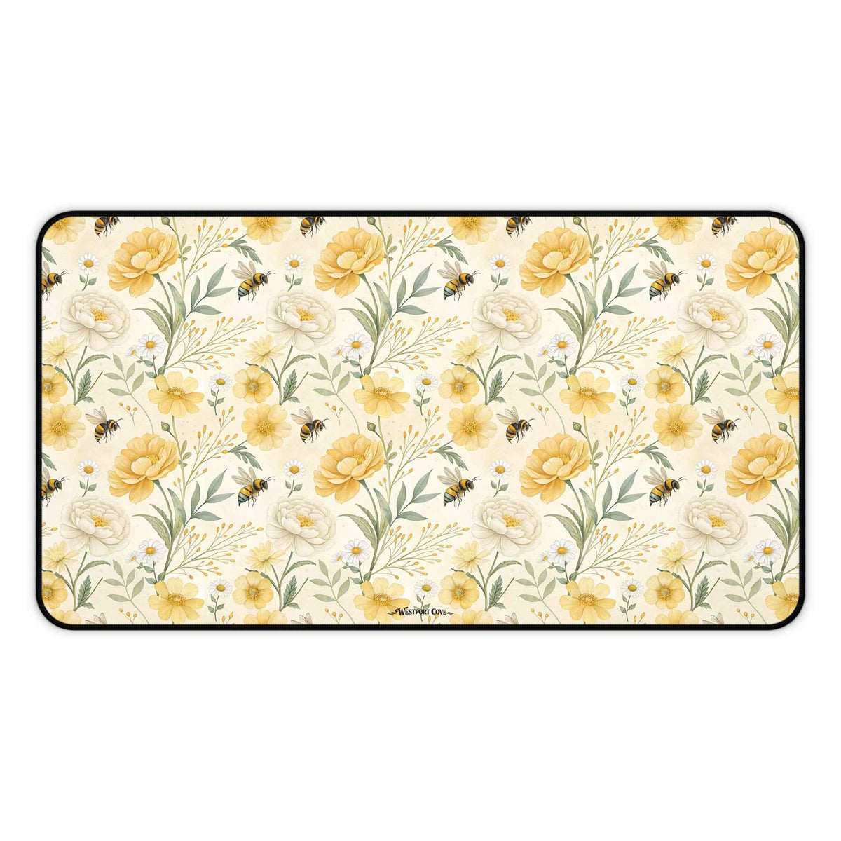 Bumble - Floral Yellow Rose Desk Mat — Vintage Garden Mousepad for Home Office