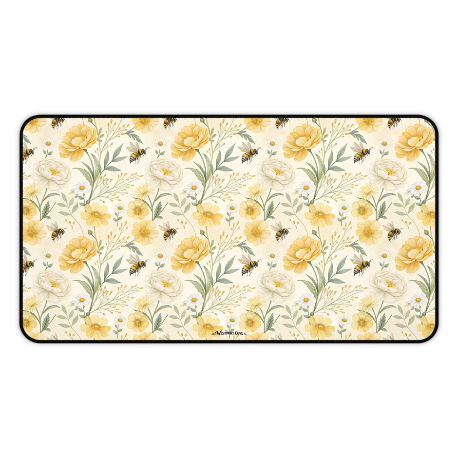 Bumble - Floral Yellow Rose Desk Mat — Vintage Garden Mousepad for Home Office