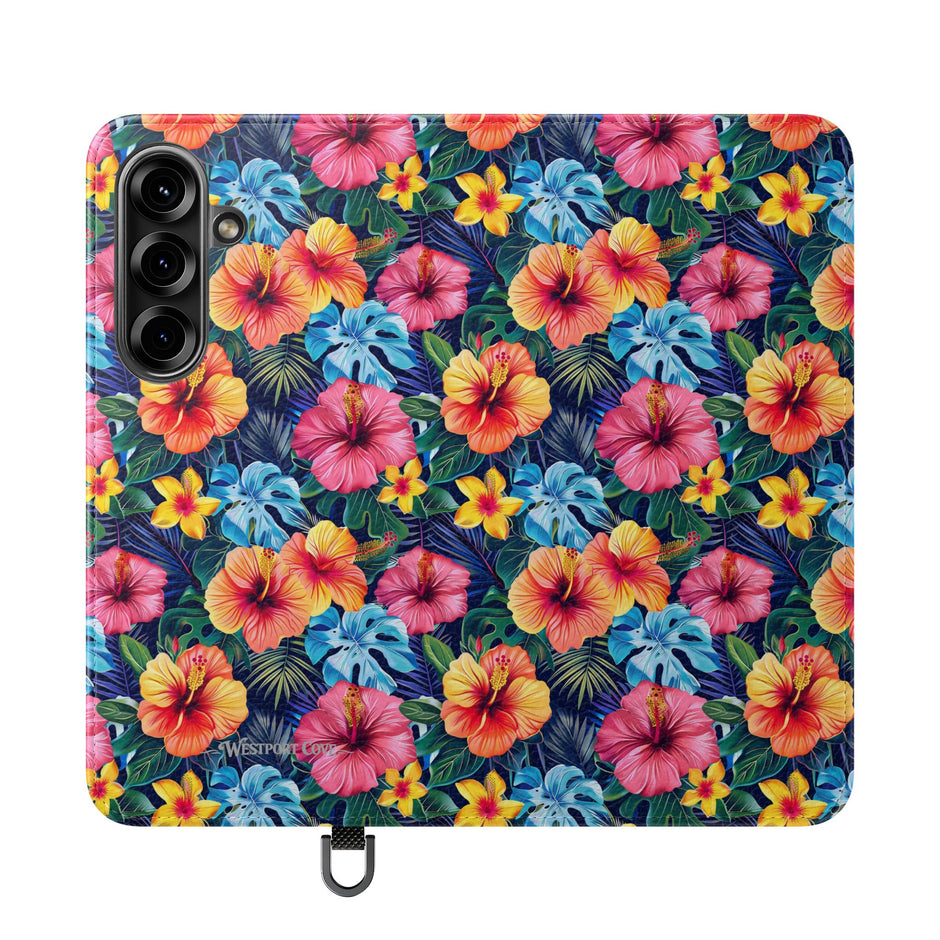 Tropical Hibiscus Flip Phone Case — Floral Wallet Flip Case with Card Slots