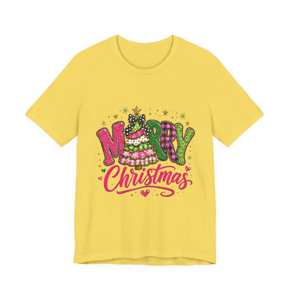 Merry Christmas Graphic Tee — Festive Pink & Green Holiday T-Shirt