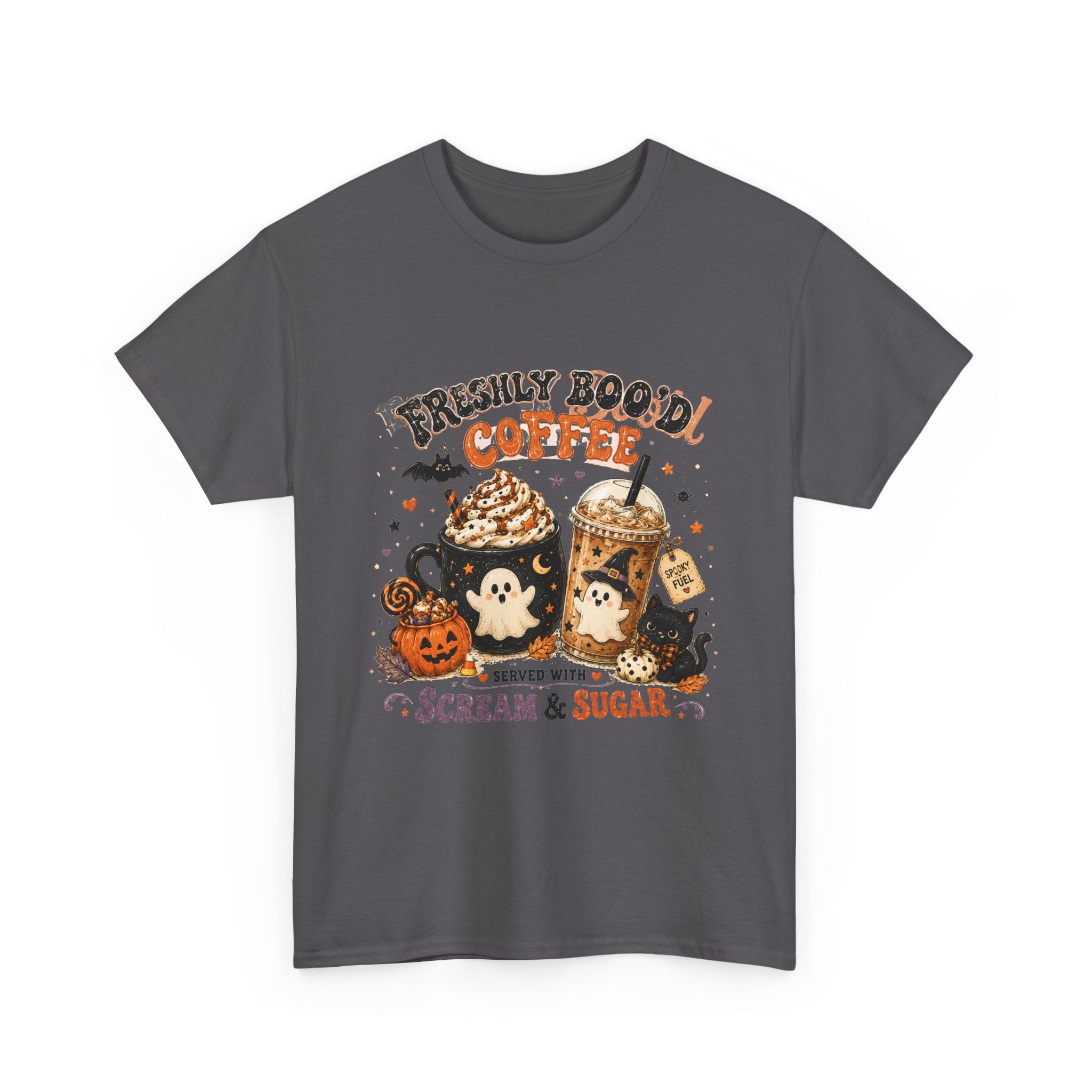 Halloween Coffee Tee — “Freshly Boo’d Coffee: Served with Scream & Sugar”