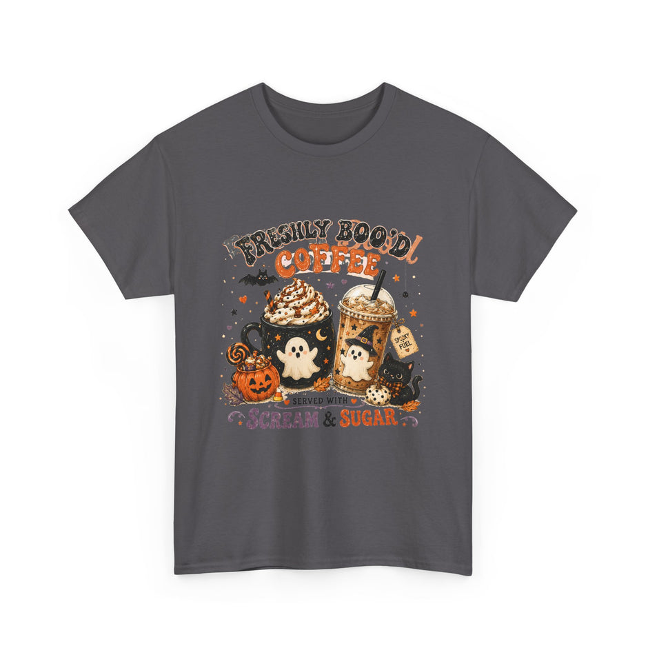 Halloween Coffee Tee — “Freshly Boo’d Coffee: Served with Scream & Sugar”