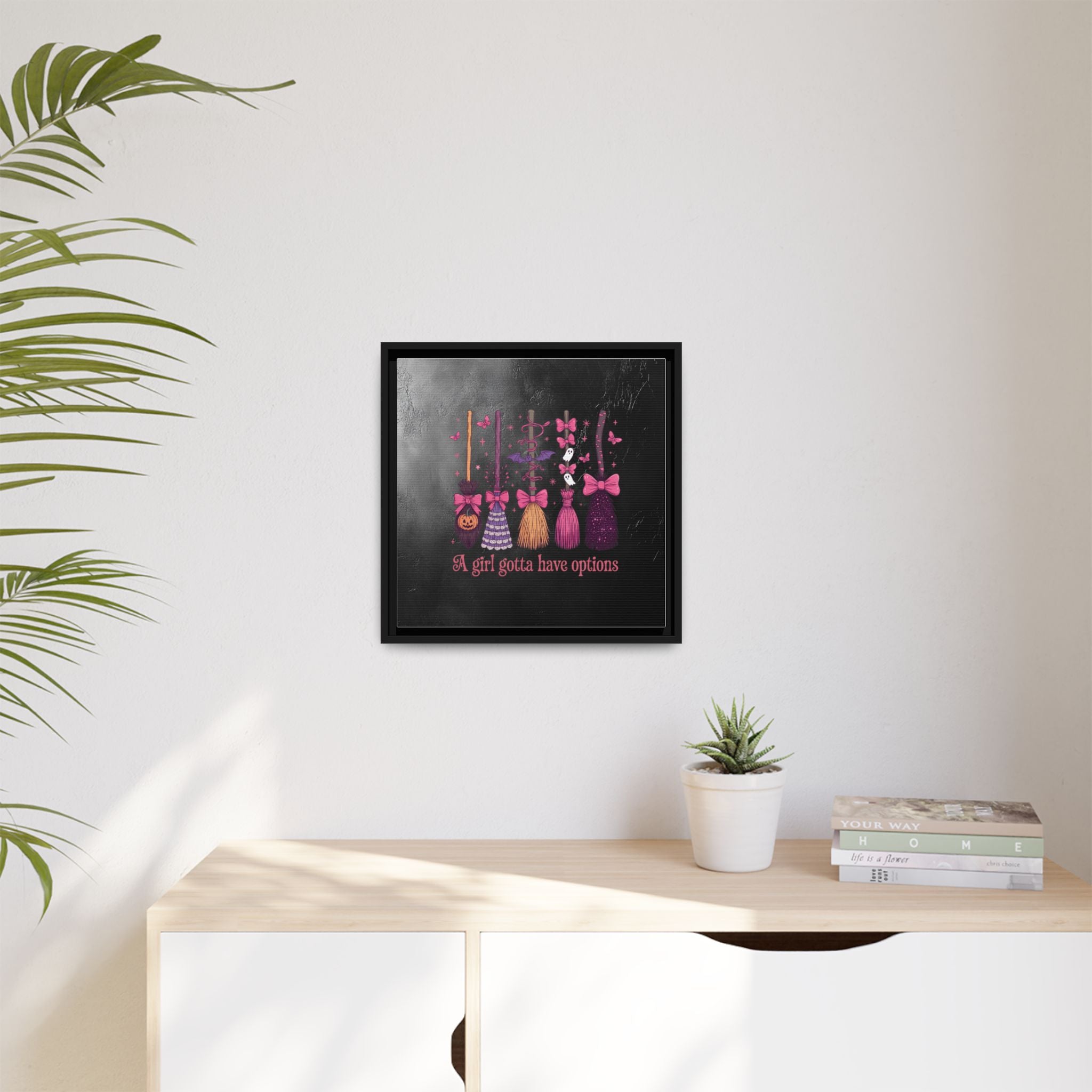 Halloween Broom Canvas Print — “A Girl Gotta Have Options” Framed Wall Art