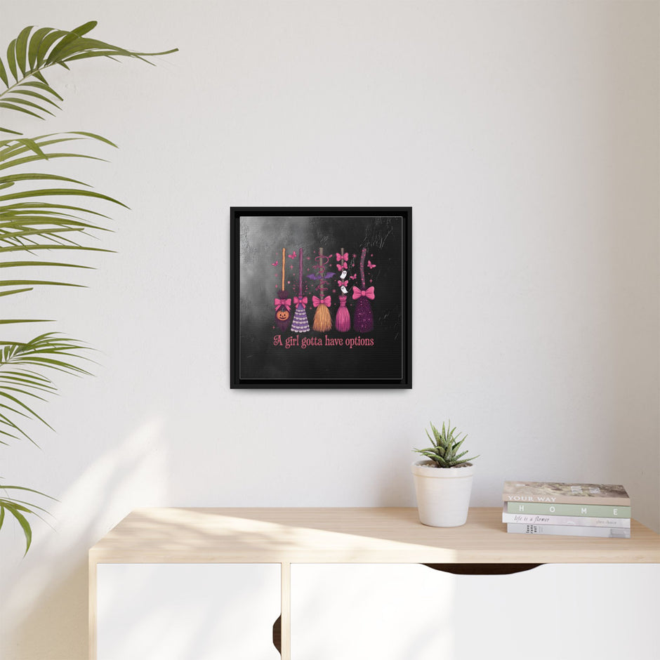 Halloween Broom Canvas Print — “A Girl Gotta Have Options” Framed Wall Art