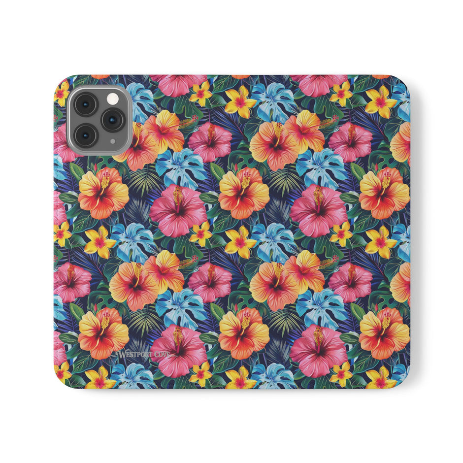 Tropical Hibiscus Flip Phone Case — Floral Wallet Flip Case with Card Slots