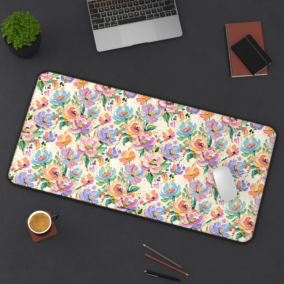 Floral Paint Desk Mat — Pastel Rose Pattern Office Mousepad