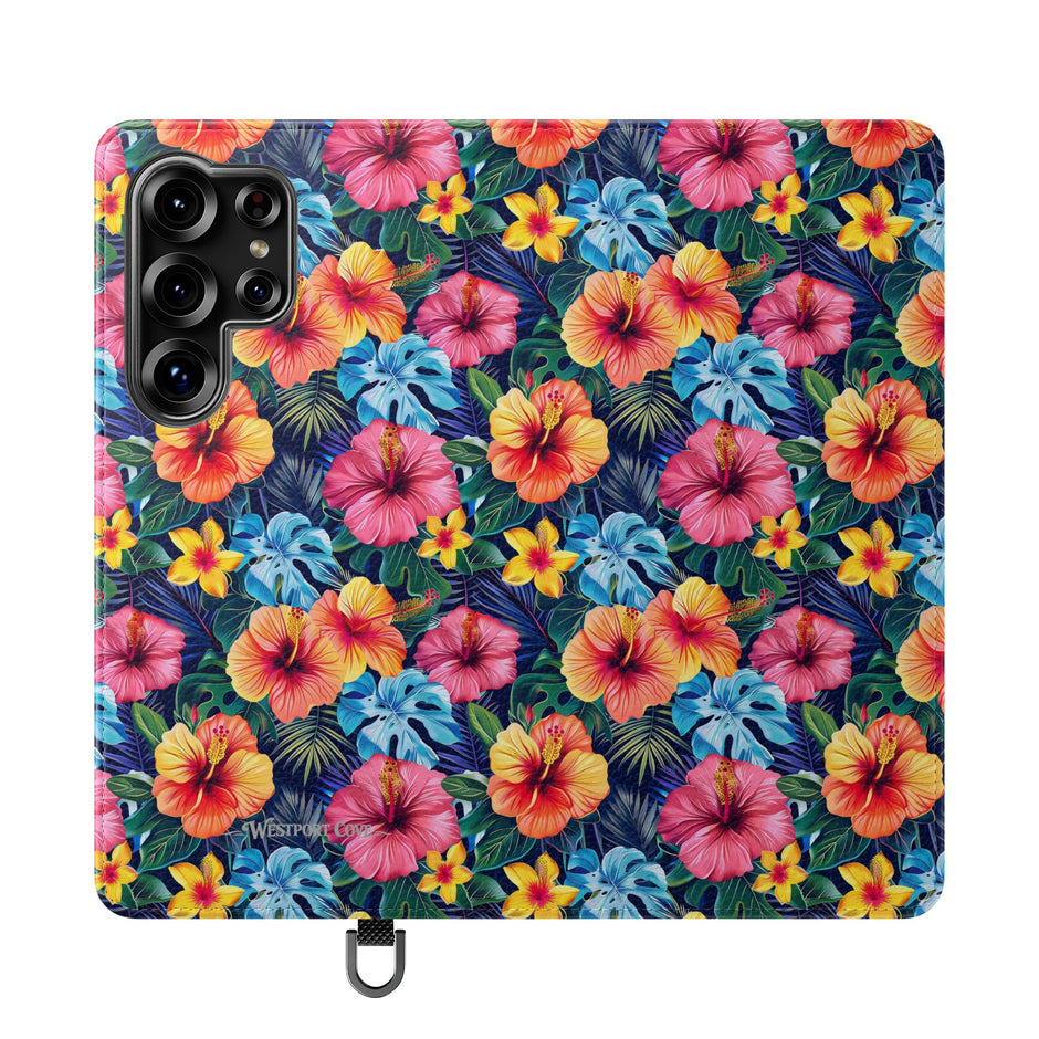 Tropical Hibiscus Flip Phone Case — Floral Wallet Flip Case with Card Slots