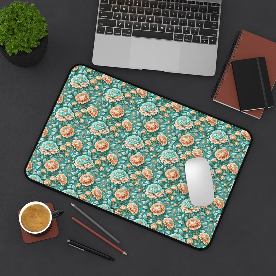 Teal Peony Desk Mat — Vintage Garden Mouse Pad Surface