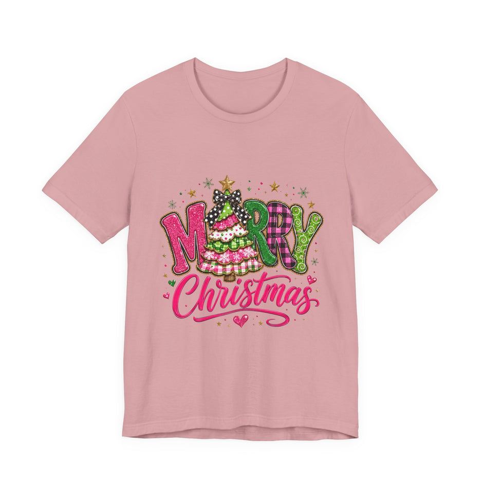Merry Christmas Graphic Tee — Festive Pink & Green Holiday T-Shirt