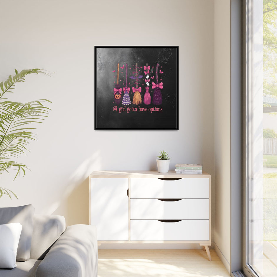 Halloween Broom Canvas Print — “A Girl Gotta Have Options” Framed Wall Art