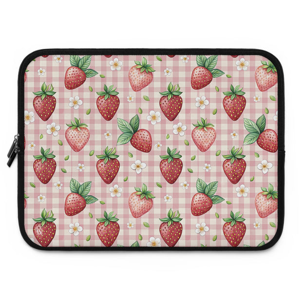 Strawberry Gingham Laptop Sleeve — Cute Pink Floral Laptop Case