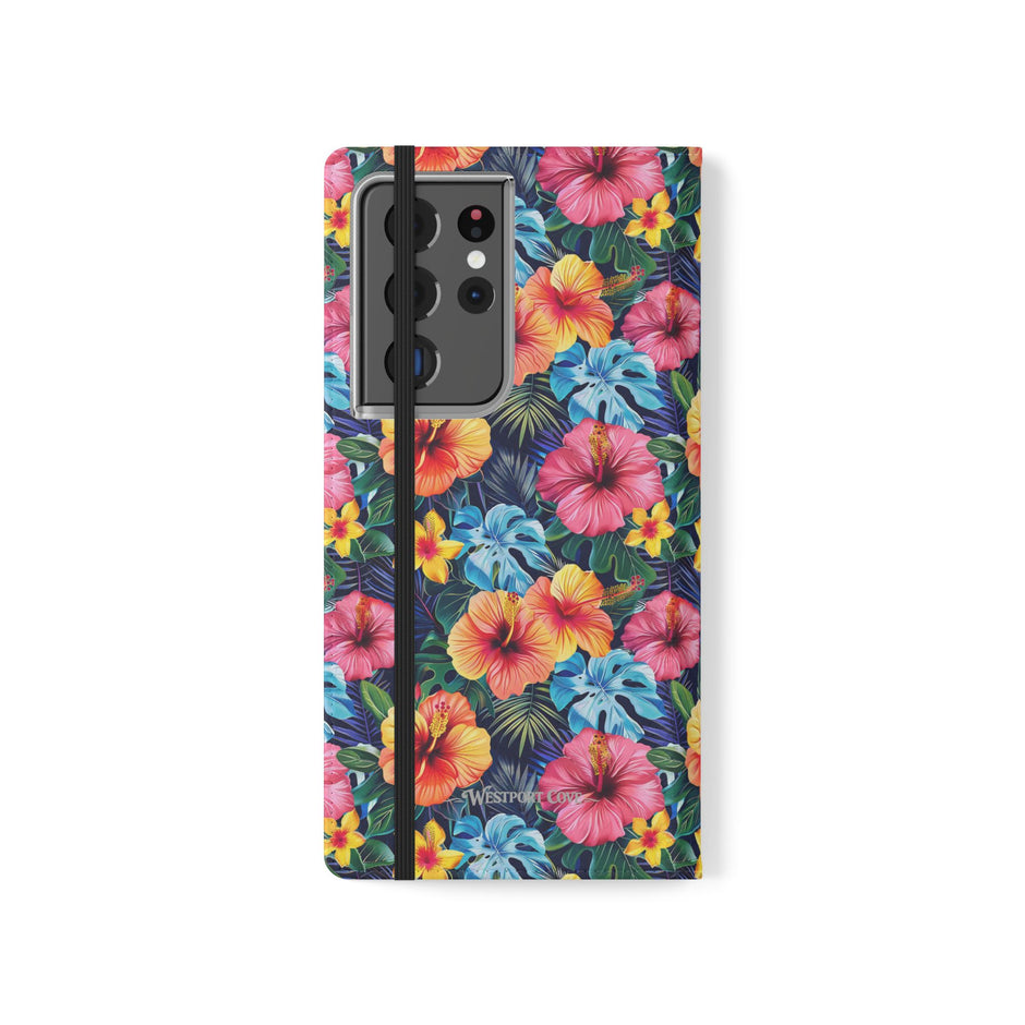 Tropical Hibiscus Flip Phone Case — Floral Wallet Flip Case with Card Slots