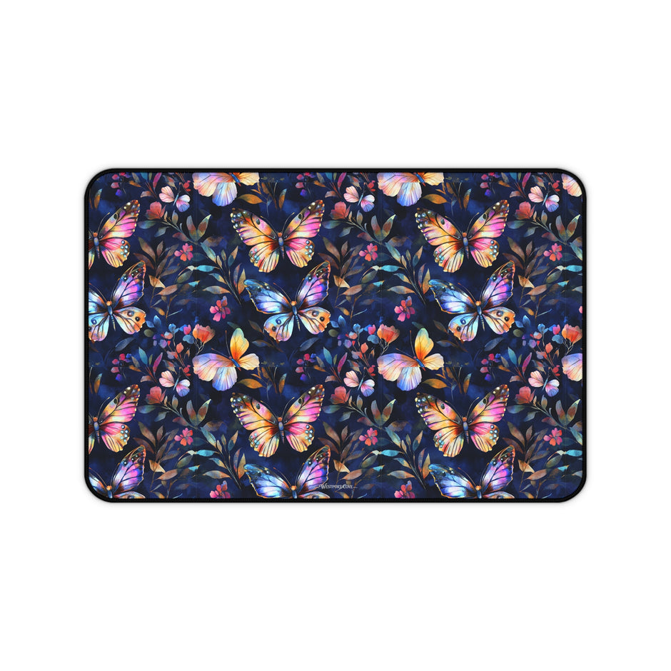 Dark Flutterby Desk Mat — Dark Watercolor Garden Mouse Pad