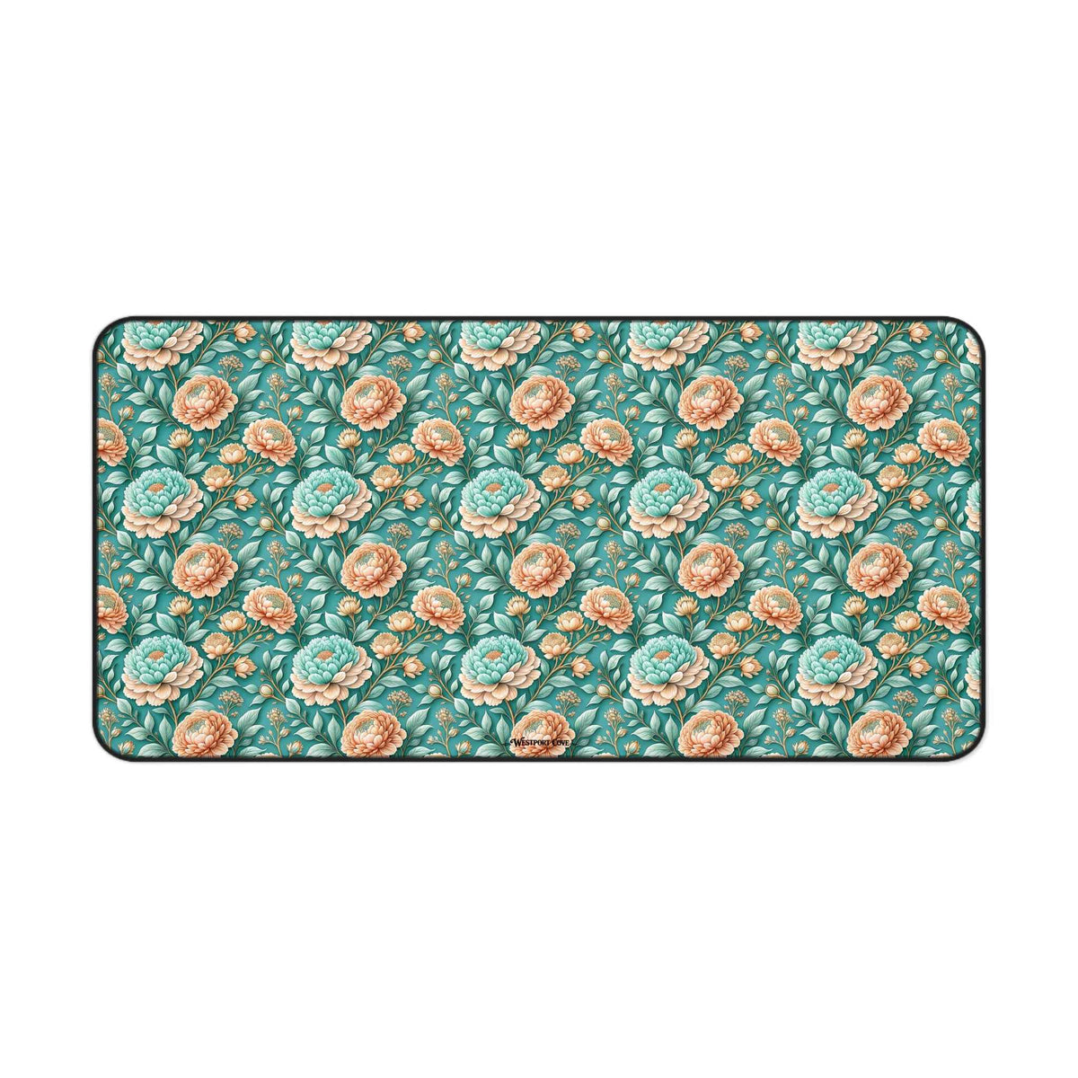 Teal Peony Desk Mat — Vintage Garden Mouse Pad Surface