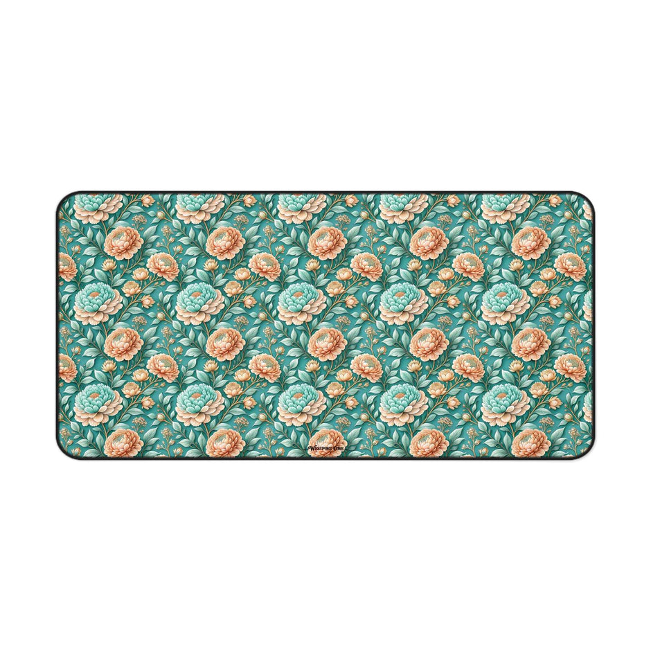 Teal Peony Desk Mat — Vintage Garden Mouse Pad Surface