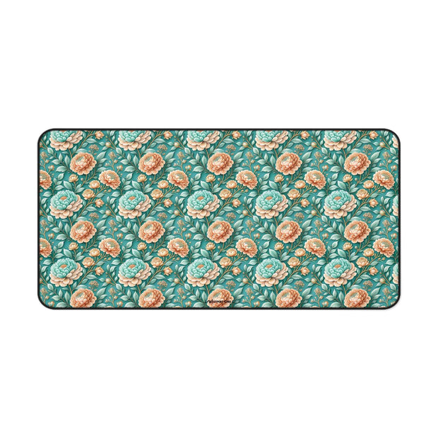 Teal Peony Desk Mat — Vintage Garden Mouse Pad Surface