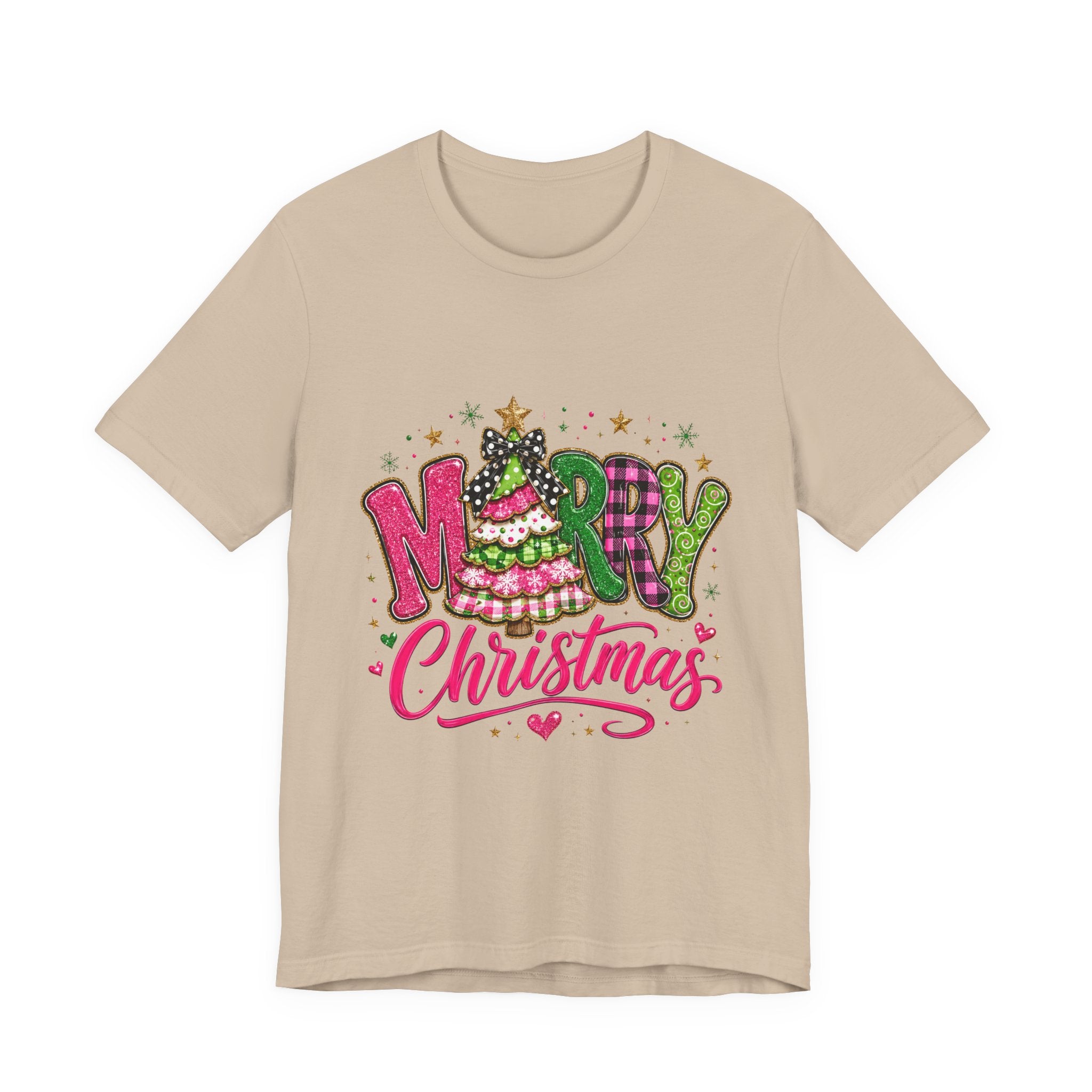 Merry Christmas Graphic Tee — Festive Pink & Green Holiday T-Shirt