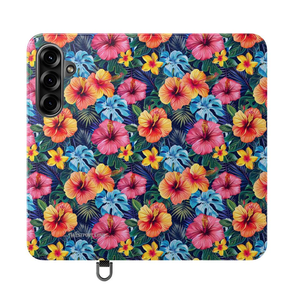 Tropical Hibiscus Flip Phone Case — Floral Wallet Flip Case with Card Slots