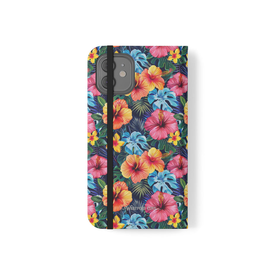 Tropical Hibiscus Flip Phone Case — Floral Wallet Flip Case with Card Slots