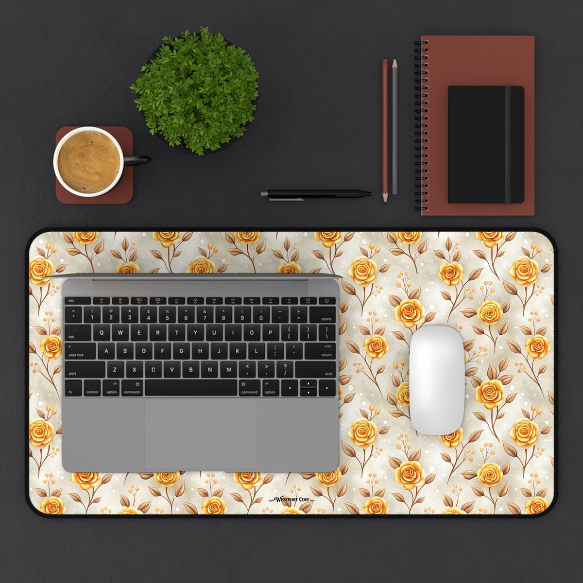 Golden Rose Desk Mat — Floral Office Mouse Pad for Home & Work