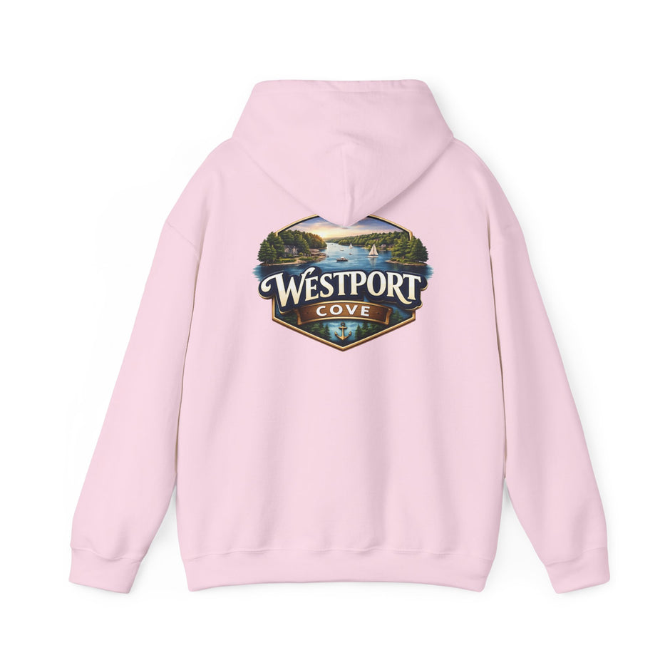 Westport Cove Hoodie — Scenic Lake Cabin Vintage Logo Hooded Sweatshirt