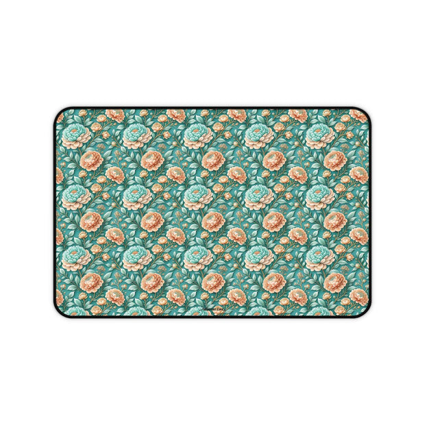 Teal Peony Desk Mat — Vintage Garden Mouse Pad Surface