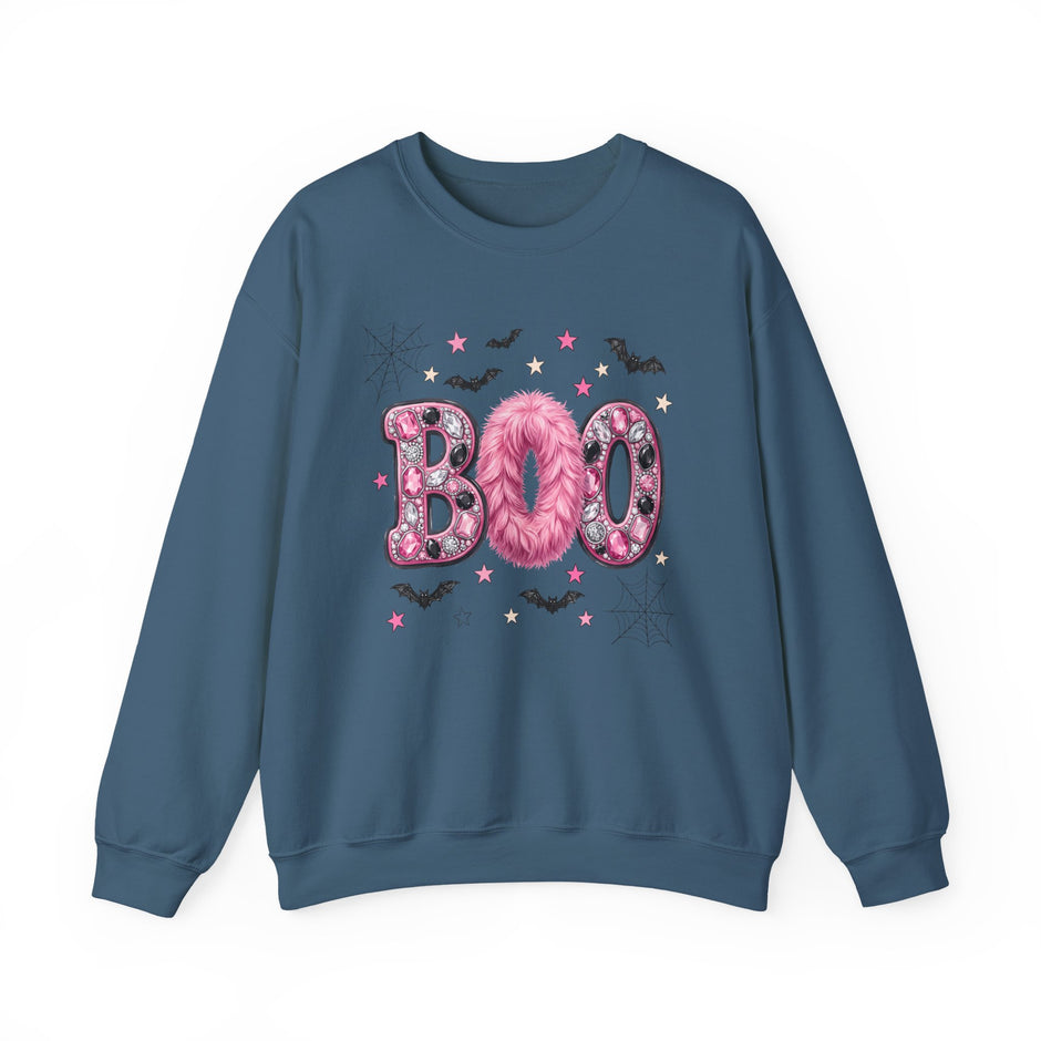 Halloween 'Boo' Crewneck Sweatshirt — Cute Pink Bat & Star Graphic