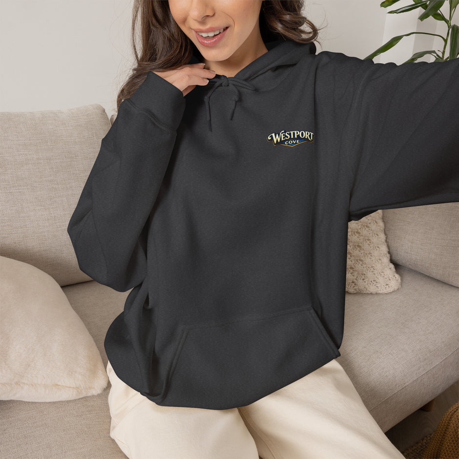 Westport Cove Hoodie — Scenic Lake Cabin Vintage Logo Hooded Sweatshirt