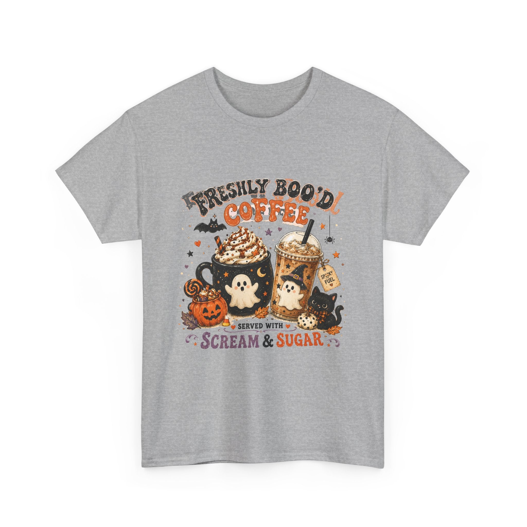 Halloween Coffee Tee — “Freshly Boo’d Coffee: Served with Scream & Sugar”
