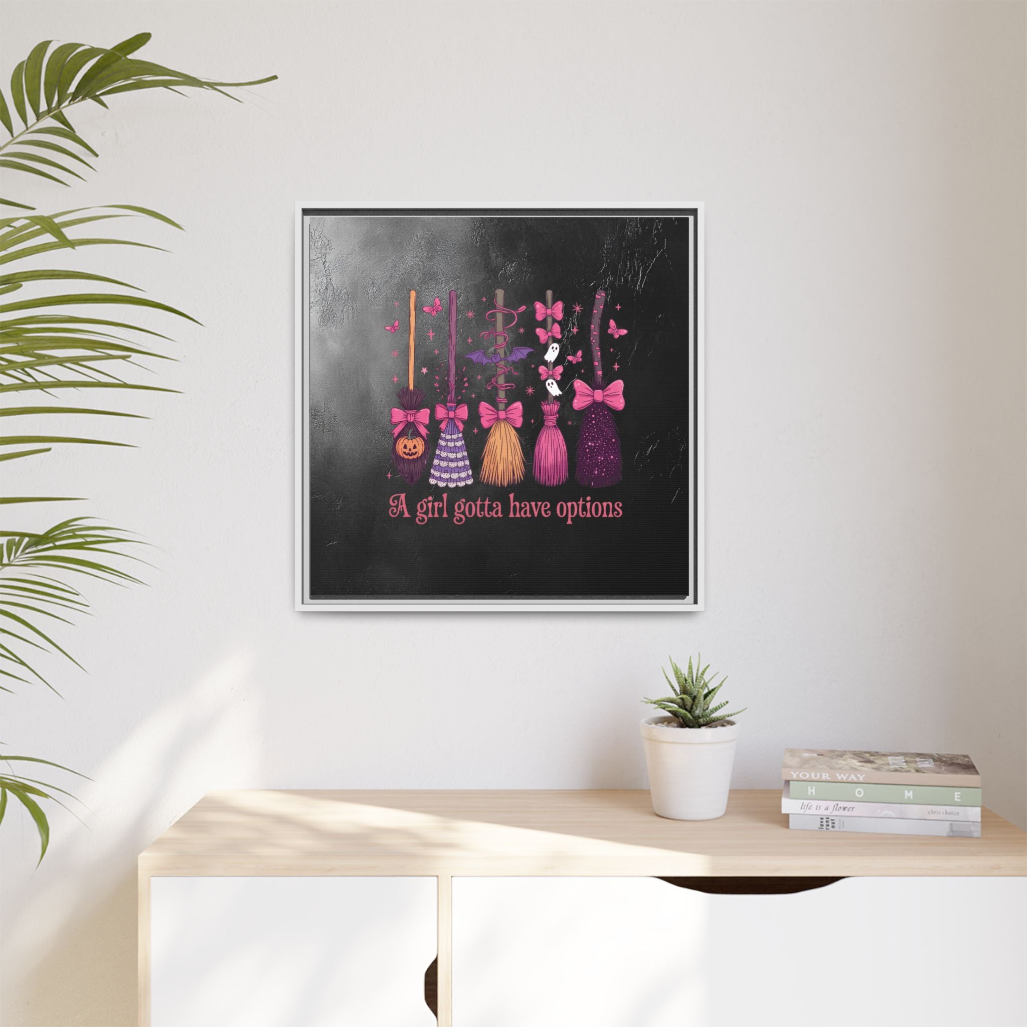 Halloween Broom Canvas Print — “A Girl Gotta Have Options” Framed Wall Art