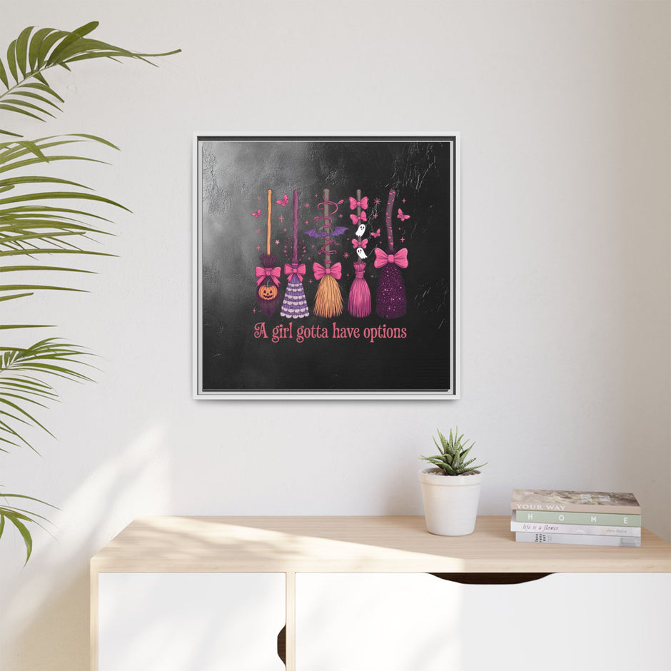 Halloween Broom Canvas Print — “A Girl Gotta Have Options” Framed Wall Art