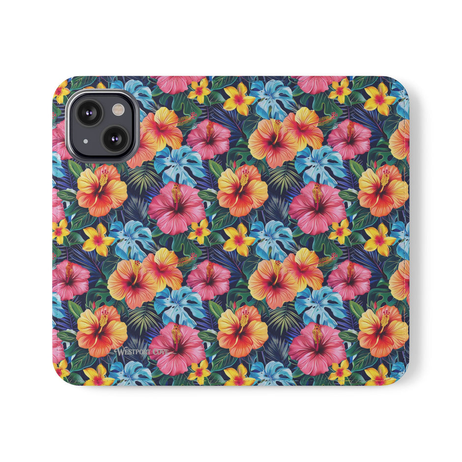 Tropical Hibiscus Flip Phone Case — Floral Wallet Flip Case with Card Slots