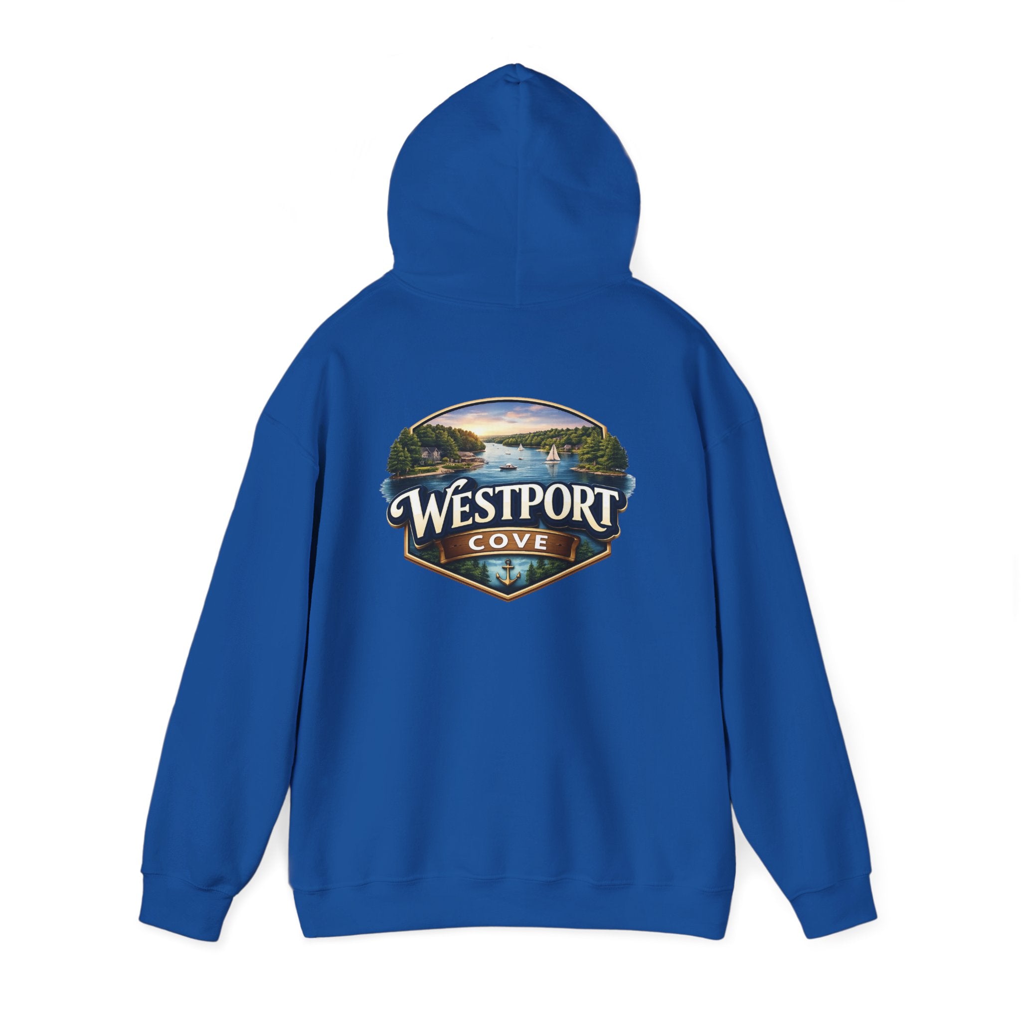 Westport Cove Hoodie — Scenic Lake Cabin Vintage Logo Hooded Sweatshirt