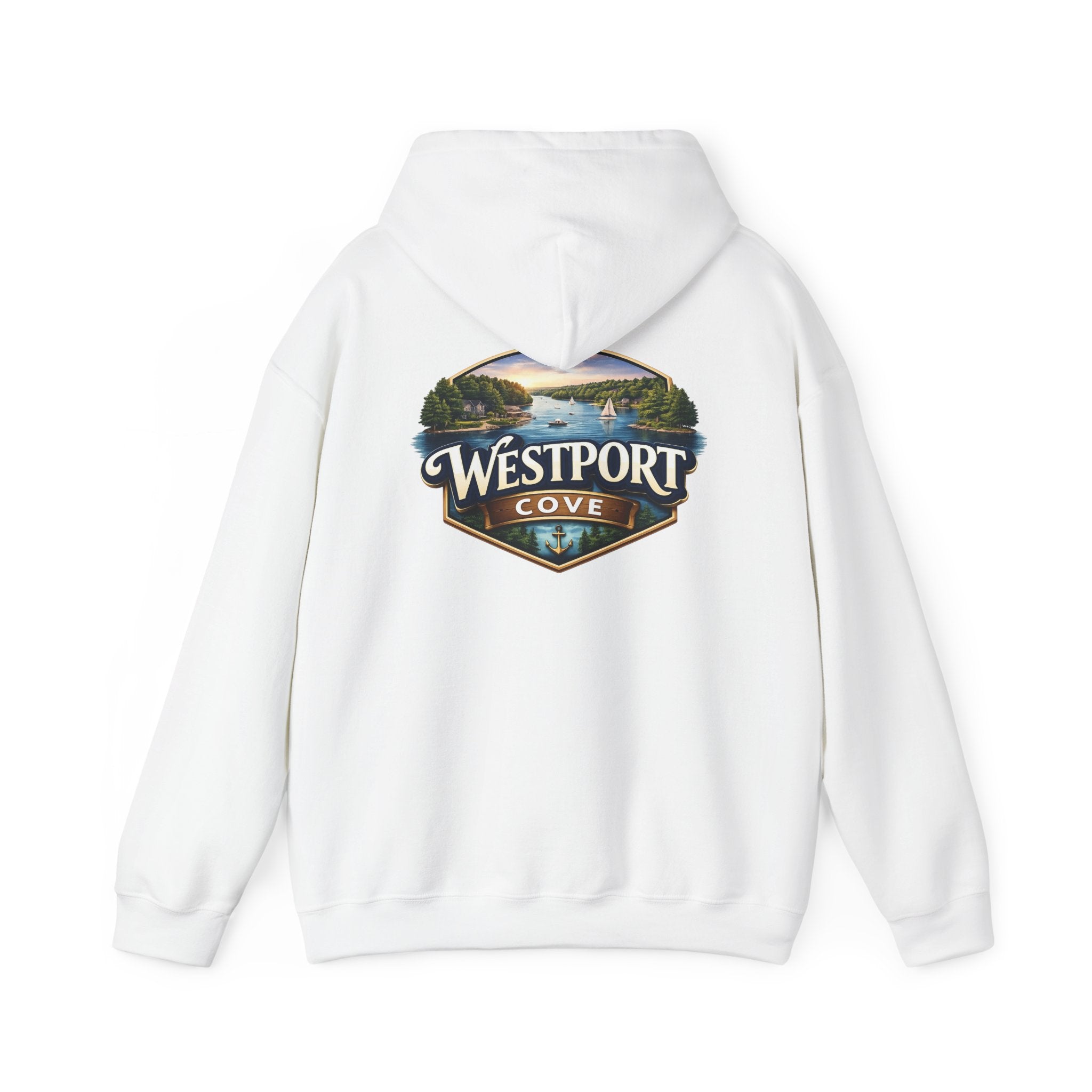 Westport Cove Hoodie — Scenic Lake Cabin Vintage Logo Hooded Sweatshirt