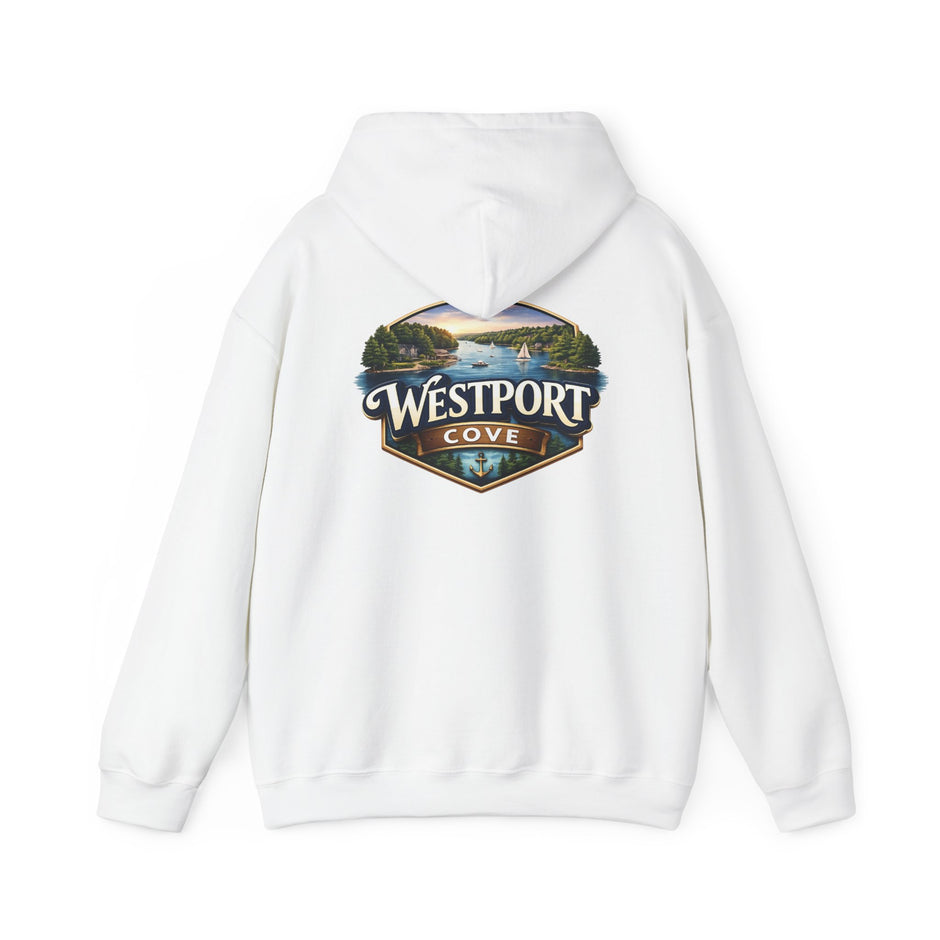 Westport Cove Hoodie — Scenic Lake Cabin Vintage Logo Hooded Sweatshirt
