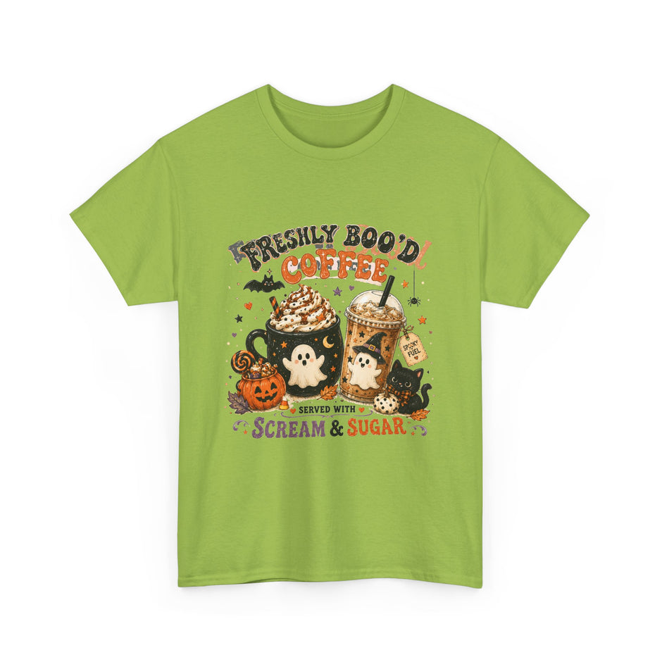 Halloween Coffee Tee — “Freshly Boo’d Coffee: Served with Scream & Sugar”