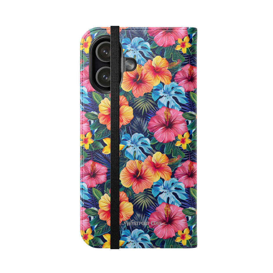 Tropical Hibiscus Flip Phone Case — Floral Wallet Flip Case with Card Slots