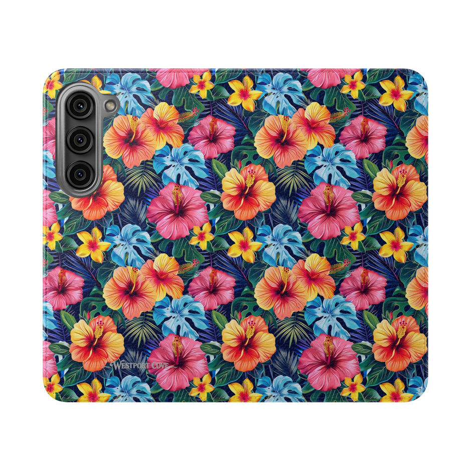 Tropical Hibiscus Flip Phone Case — Floral Wallet Flip Case with Card Slots