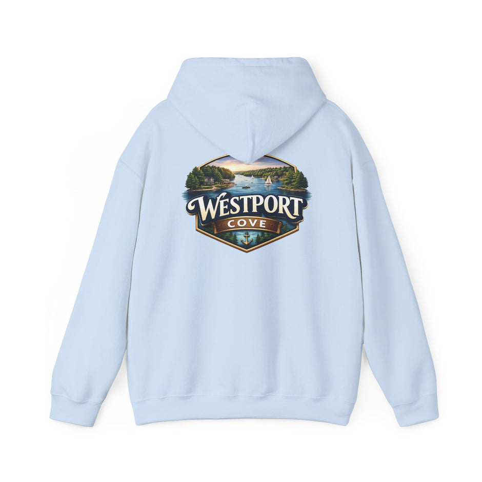 Westport Cove Hoodie — Scenic Lake Cabin Vintage Logo Hooded Sweatshirt