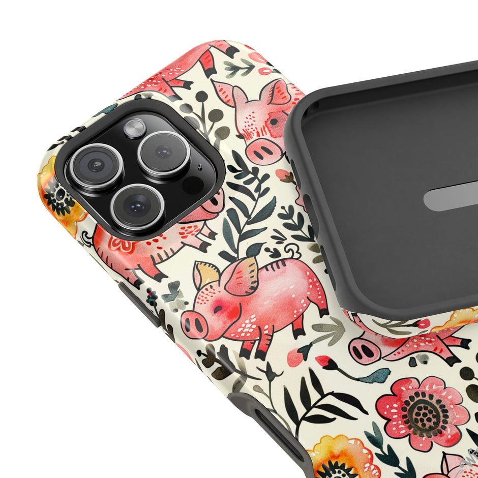 Watercolor Pink Pig Floral Phone Case — Extreme Impact MagSafe Phone Case