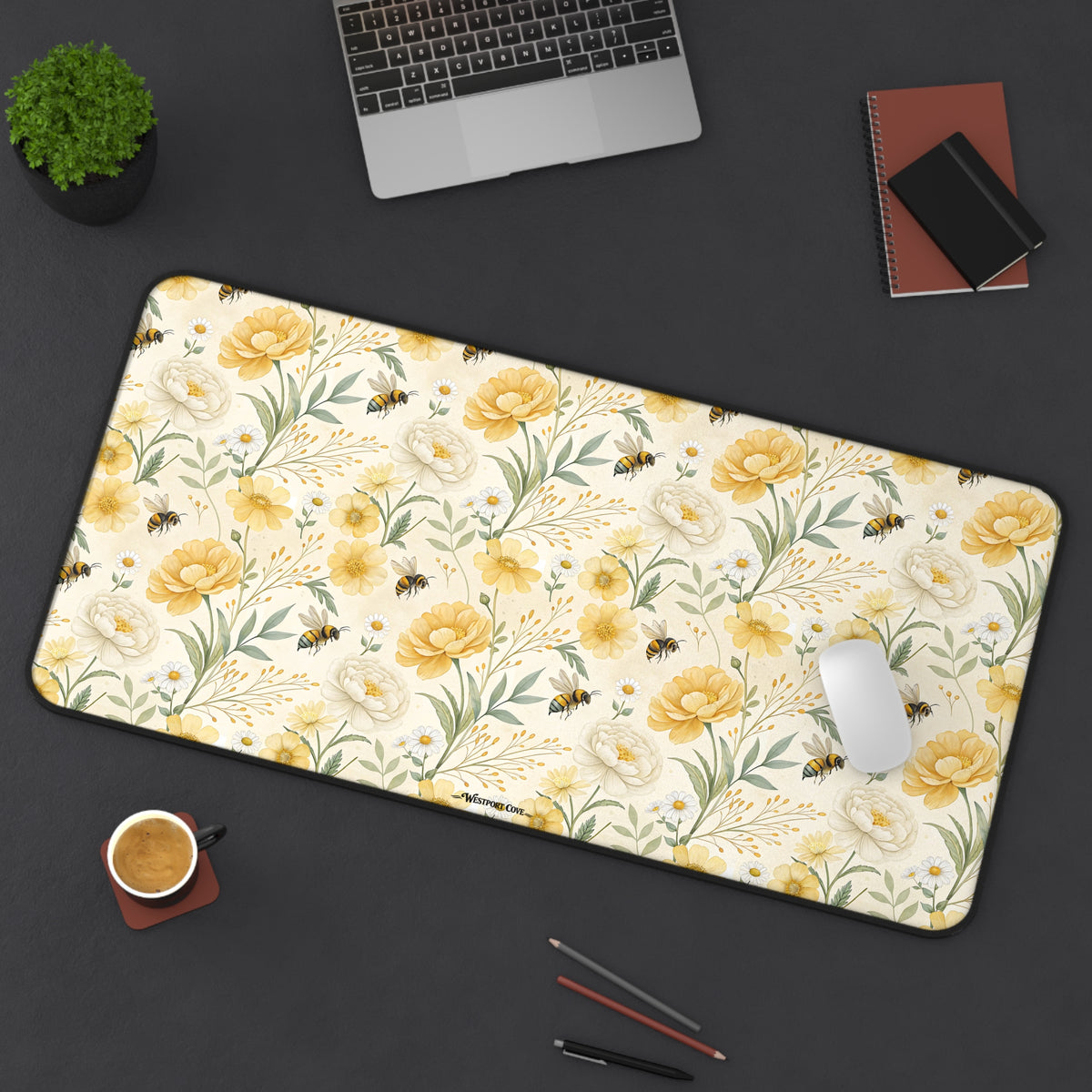 Bumble - Floral Yellow Rose Desk Mat — Vintage Garden Mousepad for Home Office