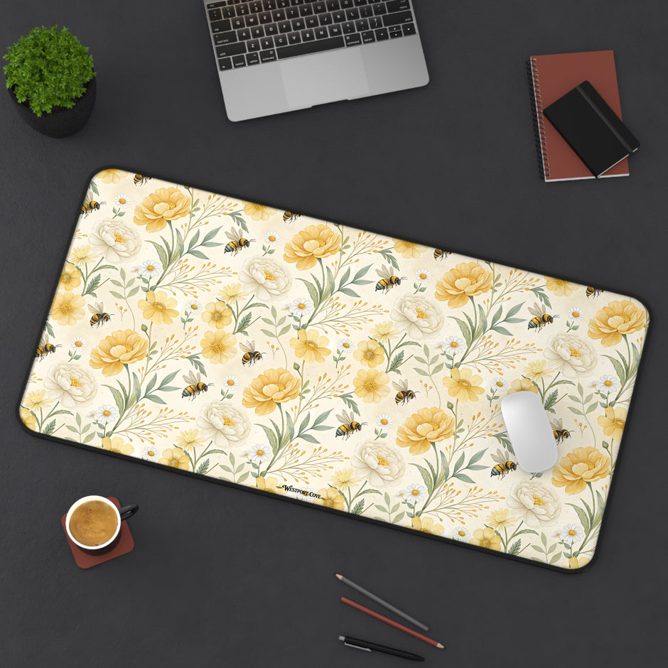 Bumble - Floral Yellow Rose Desk Mat — Vintage Garden Mousepad for Home Office