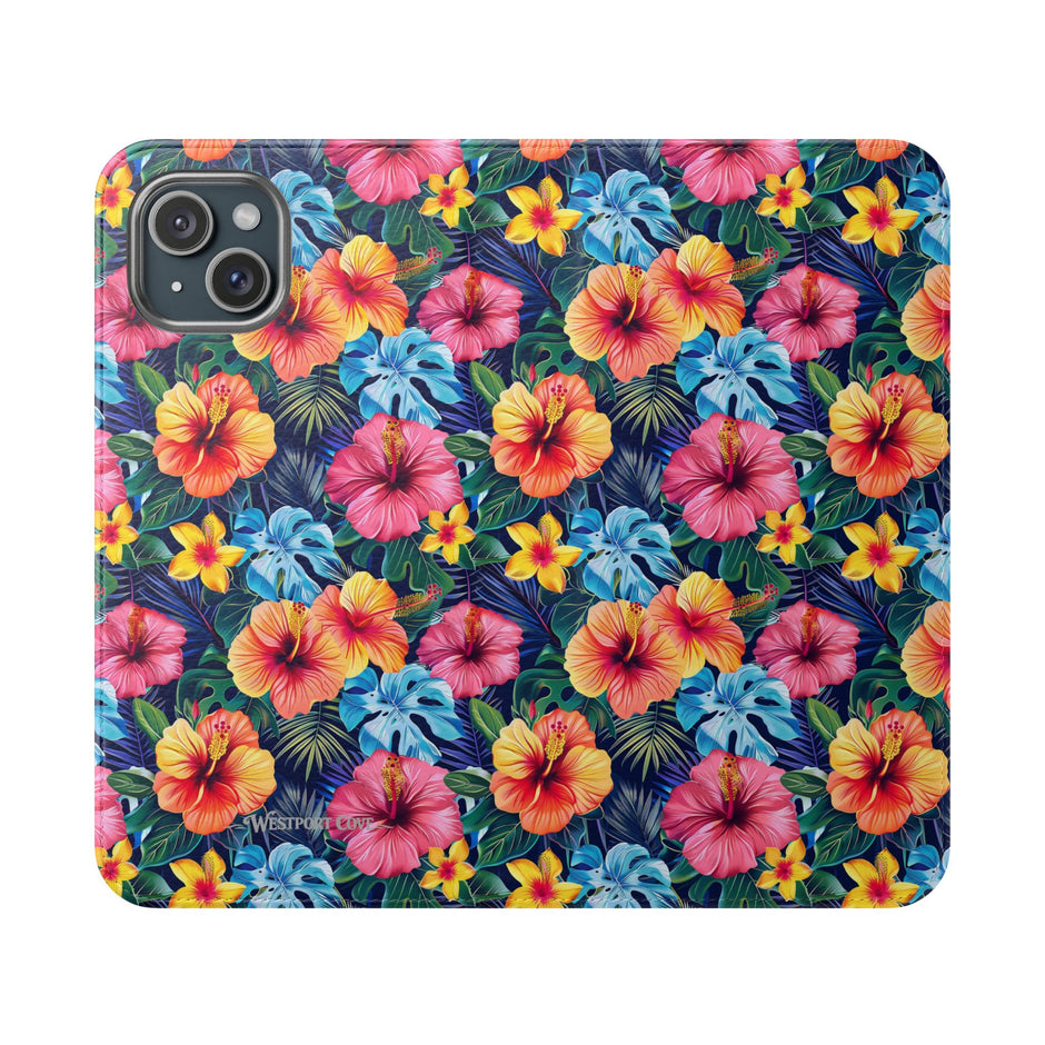 Tropical Hibiscus Flip Phone Case — Floral Wallet Flip Case with Card Slots