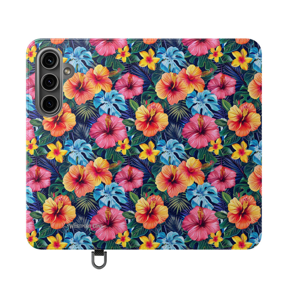 Tropical Hibiscus Flip Phone Case — Floral Wallet Flip Case with Card Slots