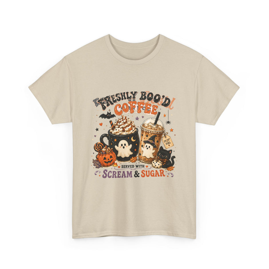 Halloween Coffee Tee — “Freshly Boo’d Coffee: Served with Scream & Sugar”