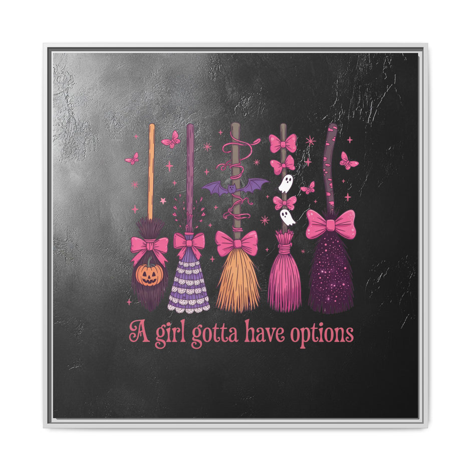 Halloween Broom Canvas Print — “A Girl Gotta Have Options” Framed Wall Art